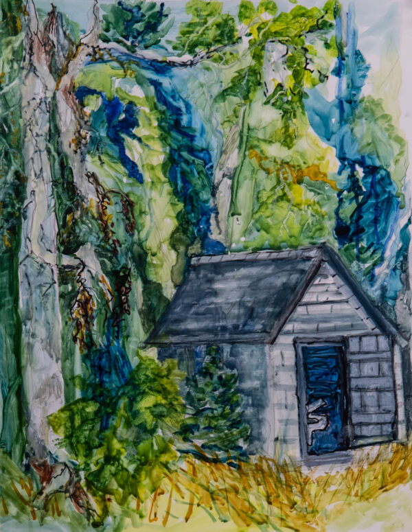 Great Spruce Island Storage Shed, mixed media on Yupo paper, 9wx12h