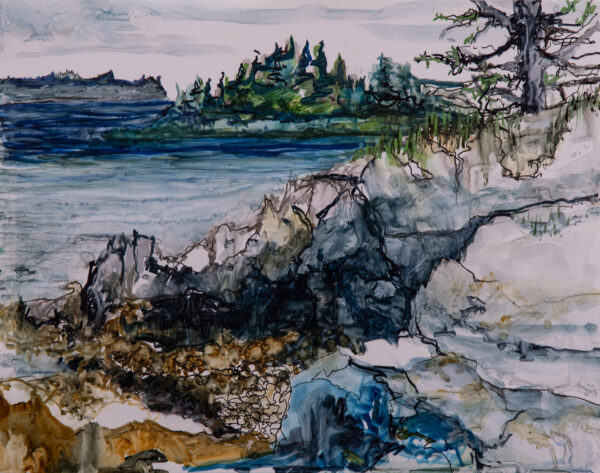 Great Spruce Island scaled, mixed media on Yupo paper, 12wx9h