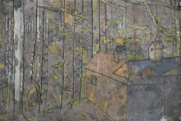 House in the Woods, detail, mixed media on Japanese paper