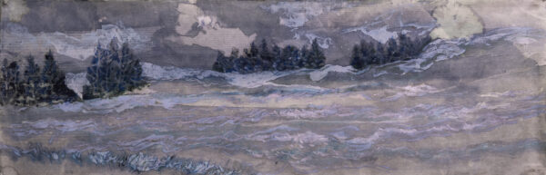 Irish Lake, mixed media on Japanese paper, 15w x 6h